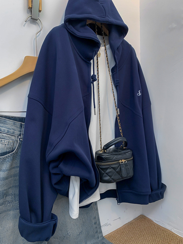初秋の薄手のジャケット、緑色のジッパー付きフード付きカーディガン、レディース春秋秋用ゆったりオーバーサイズ秋冬厚手|undefined