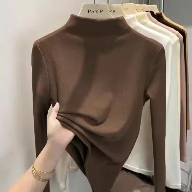 Mid-Collar Half Turtleneck Double-Sided Velvet Bottoming Shirt for Women Autumn and Winter Fleece-Lined Inner Top 2025 New Warm T-Shirt for Women