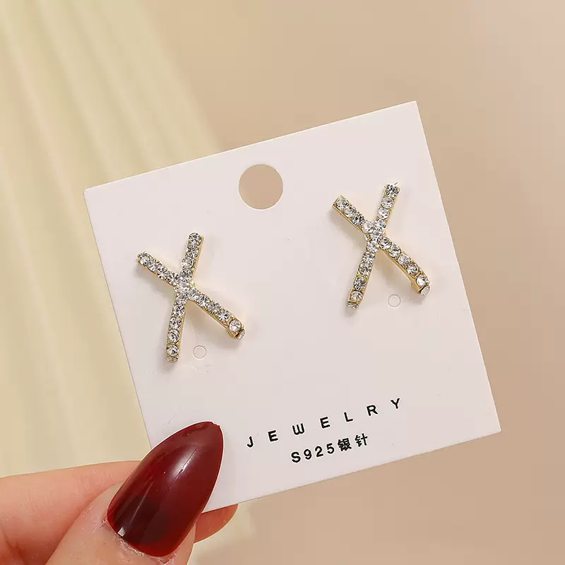 简约镶钻X字母耳钉 网红新款韩版高级感时尚百搭名媛气质女士耳饰