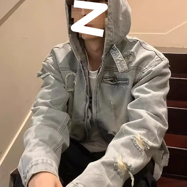 美式复古拉链破洞连帽牛仔外套男款潮流宽松百搭水洗做旧夹克上衣