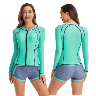 European and American Split Boxer Surfsuit Women's Swimsuit Long Sleeve Swimsuit Zipper Cardigan Women's Tankini Oni Flower 121049