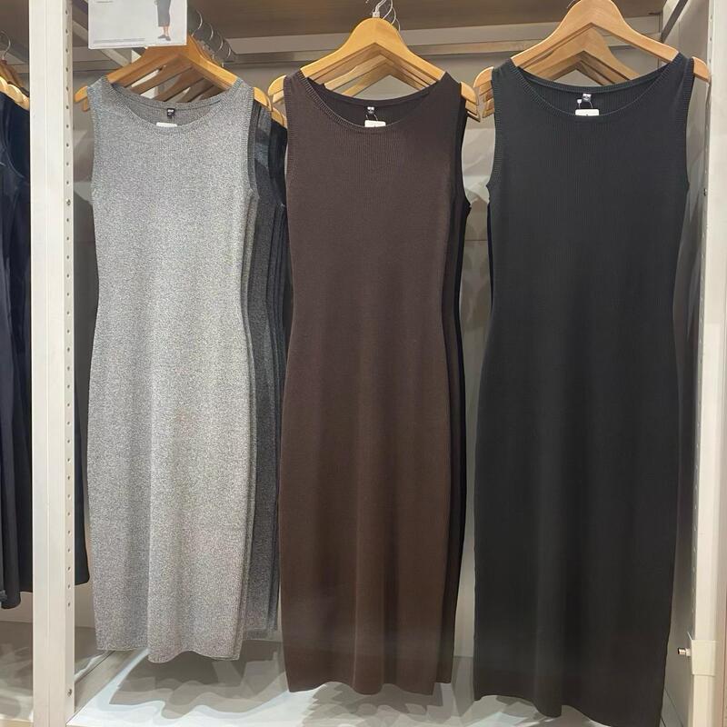 Japanese-style machine washable ribbed casual slim-fit round-neck knit dress, solid color sleeveless long dress 488722