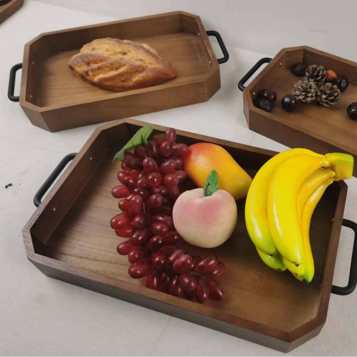 Paleta rectangular retro de madera maciza asa de hierro pan doméstico bandeja de exhibición de frutas té de la tarde bandeja de aperitivos bandeja de café