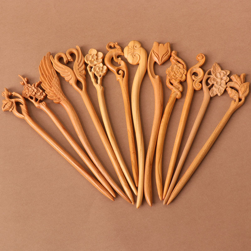 Peach Wood Hairpin Cheongsam Hanfu Hairpin Double-sided Carved Antique Wooden Hairpin Accessories Disc Hair Simple Wooden Hairpin Hair Hairpin