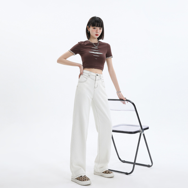 Factory goods through spring and summer new texture straight jeans women's high waist slimming ivory white wide leg trousers
