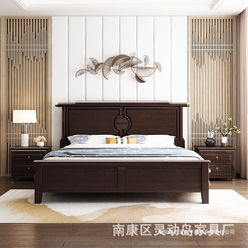 (Wholesale Special Price) New Chinese Style Solid Wood Bed Rubber Wood Modern Minimalist Master Bedroom Zen High Box Storage Wedding Bed