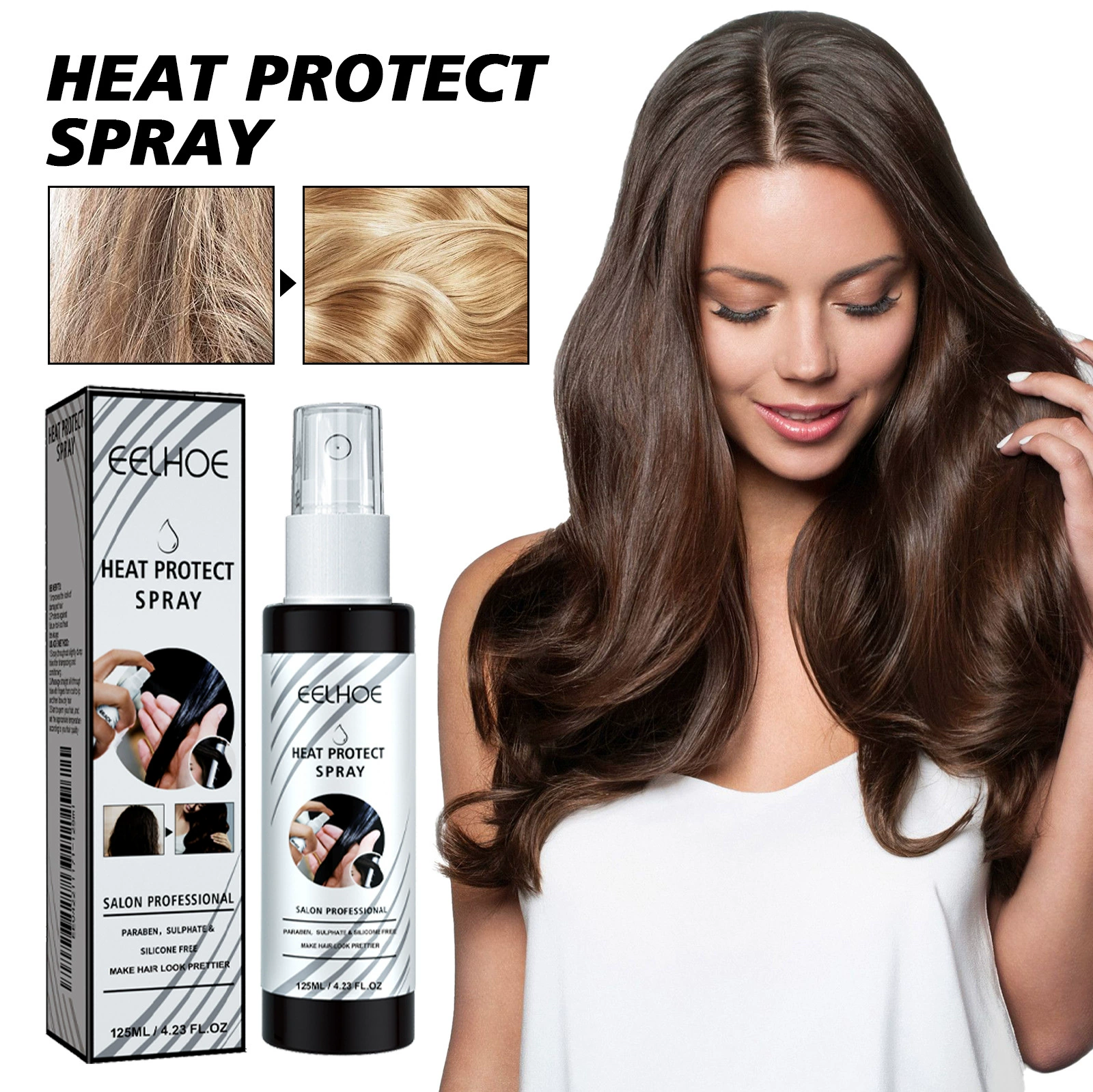 Спрей для защиты волос от тепла EELHOE, не требующий смывания, увлажняющий и питательный, для ухода за волосами перед завивкой или химической завивкой.