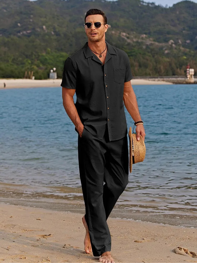 Men's Two Piece Set Short Sleeve Button Down Shirt And Loose Casual Pants Solid Color Beach Wear_viptrois.com