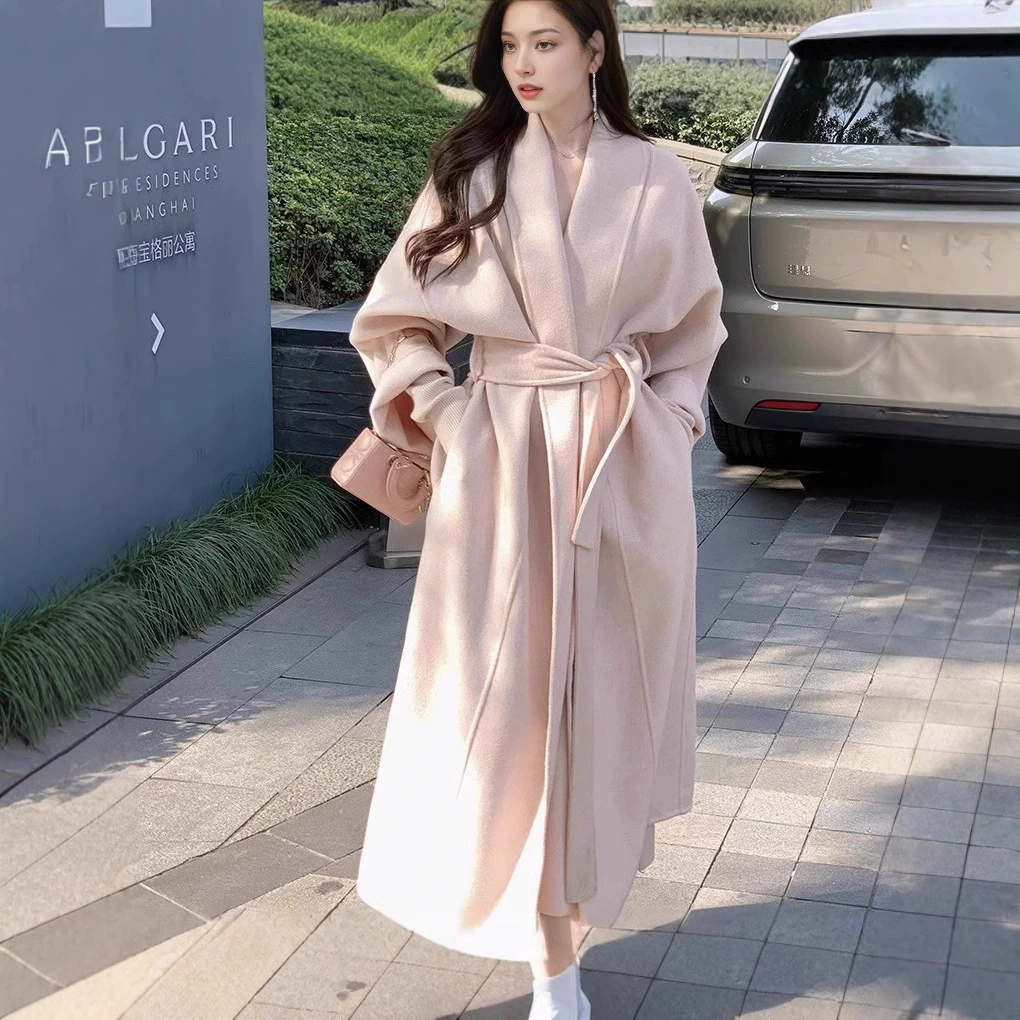 2024, осенне-зимний новый халат, стильный розовый двусторонний верхняя одежда для женщин, зимняя элегантная шерстяная верхняя одежда средней длины на шнуровке ручной работы