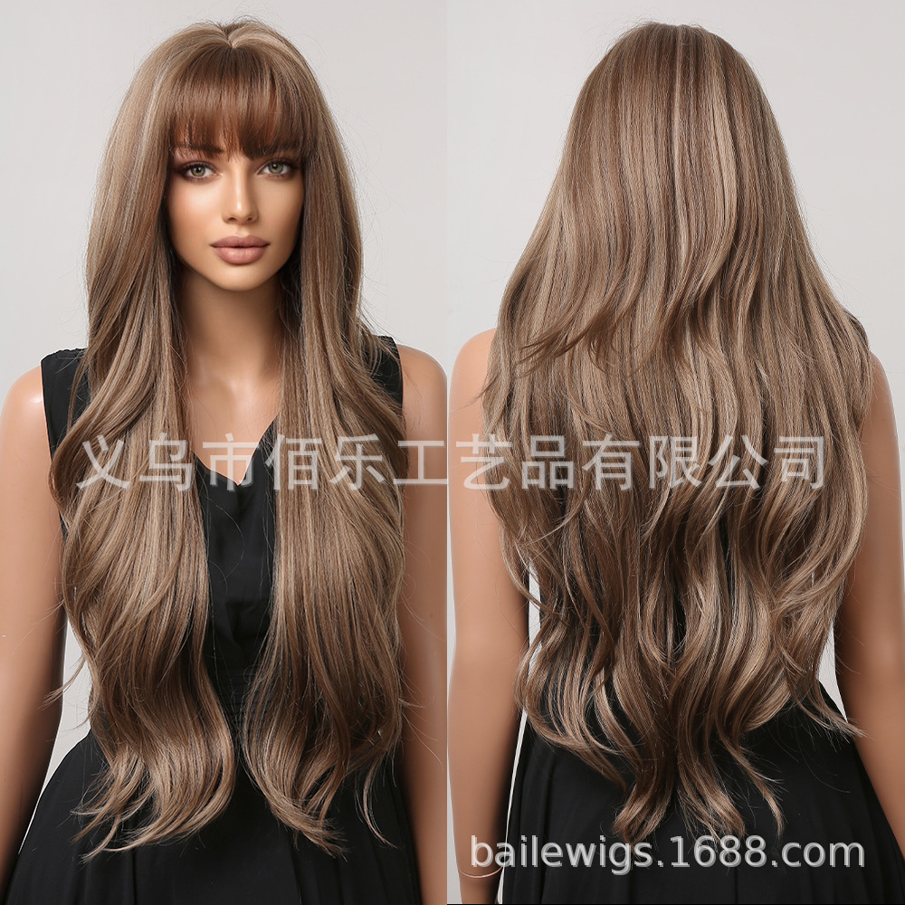 Peluca de venta caliente europea y americana, flequillo castaño, cabello largo y rizado, casco completo, fibra química, seda resistente a altas temperaturas para mujer