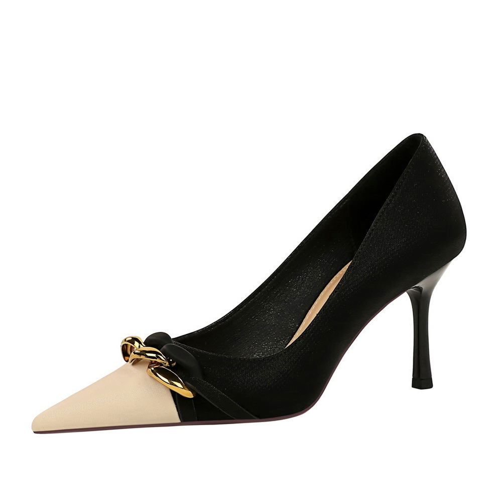 9283-A2 style banquet women's shoes with thin heels, high heels, shallow mouth, color blocking, pointed metal chain decoration fashion single shoes
