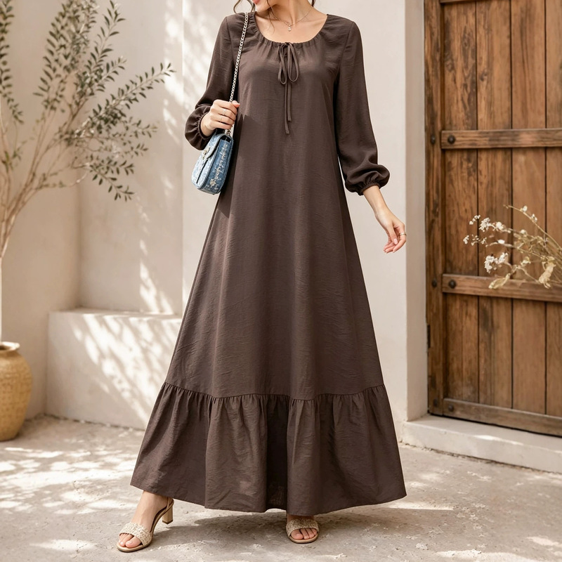 Cross-border U-neck tie dress for women, long-sleeved lantern sleeves, loose A-line ruffle ankle-length dress, elegant holiday style Cross-border U-neck tie dress for women, long-sleeved lantern sleeves, loose A-line ruffle ankle-length dress, elegant holiday style