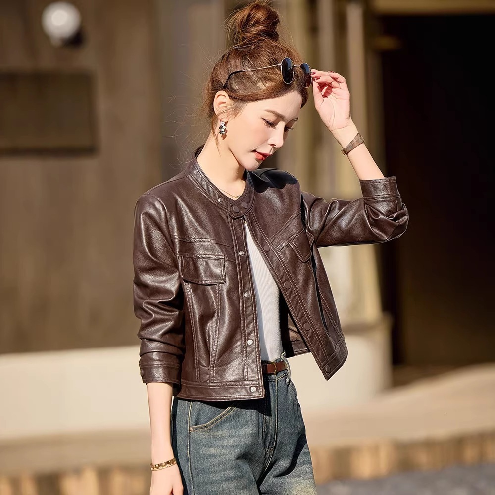 Haining Leather Jacket for Women 2026 New Style Short Leather Jacket with a Sheepskin Feel for Petite Sizes