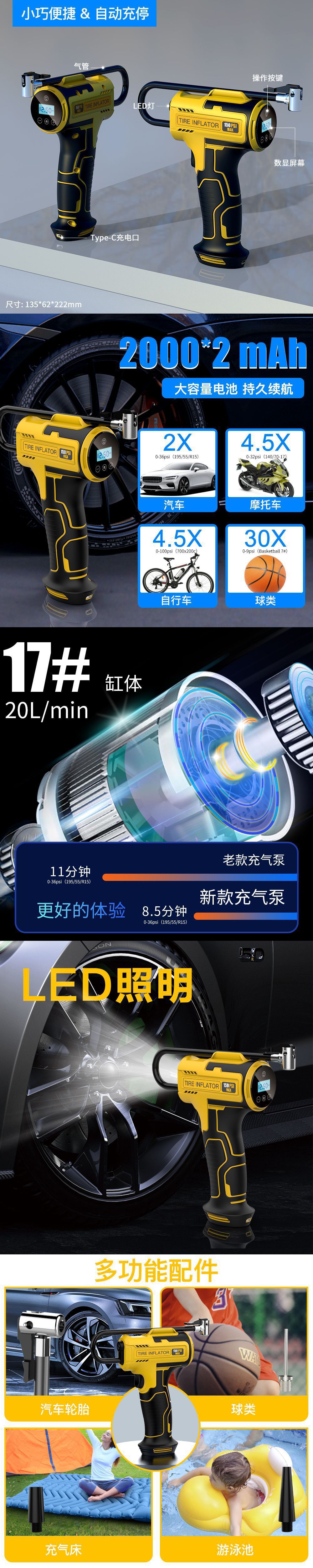 Wireless Charging Car Handheld Air Pump for Car Electric Portable Tire Inflator