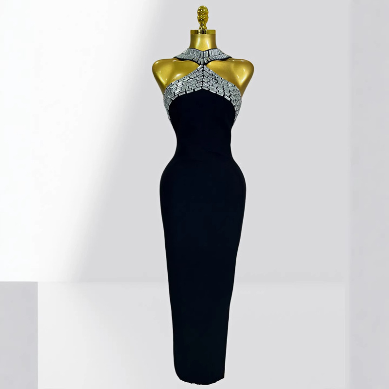 Cross-Border Foreign Trade Luxury Rhinestone Sleeveless Bodycon Black Bandage Dress European and American Fashion Party Evening Dress