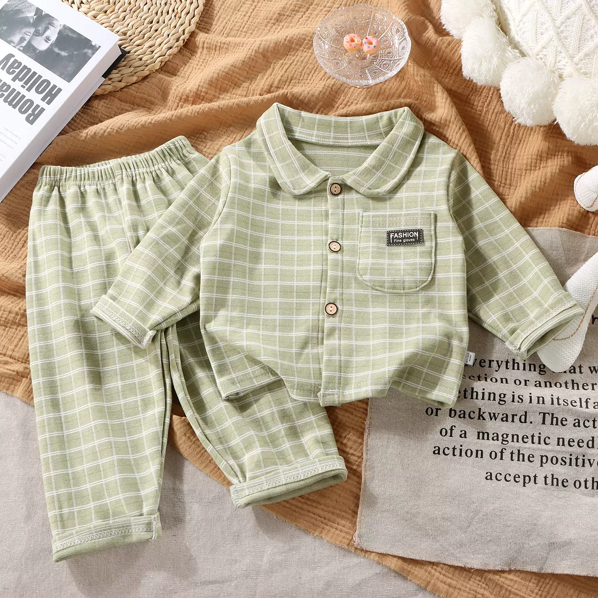 新款儿童翻领家居服套装方格睡衣德绒开衫男童女童保暖秋衣秋冬款