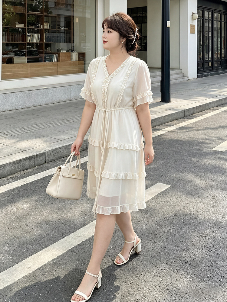 60-150kg Plus Size French Dress 2025 Summer New V Neck Fungus Mid-Length Sweet Nightgown 60-150kg Plus Size French Dress 2025 Summer New V Neck Fungus Mid-Length Sweet Nightgown
