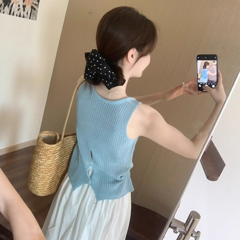 2025 新しい夏のノースリーブアイスシルクキャミソール女性のデザインバックボタンニット中空スタイルトップ|undefined