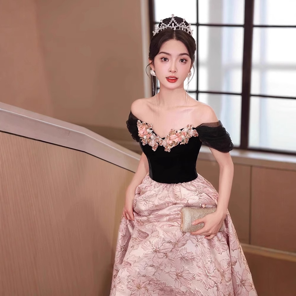 One-Shoulder Black Evening Dress 2026 New French Light Luxury Niche Banquet High-End Host Sophisticated Engagement