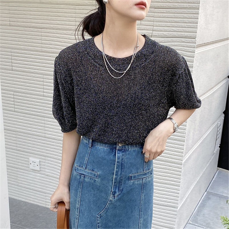 Summer New Style Refreshing Shiny Silk Short-Sleeved Women's Ice Silk Knitted Round Neck Half-Sleeved Casual Top T-Shirt Thin Korean Style