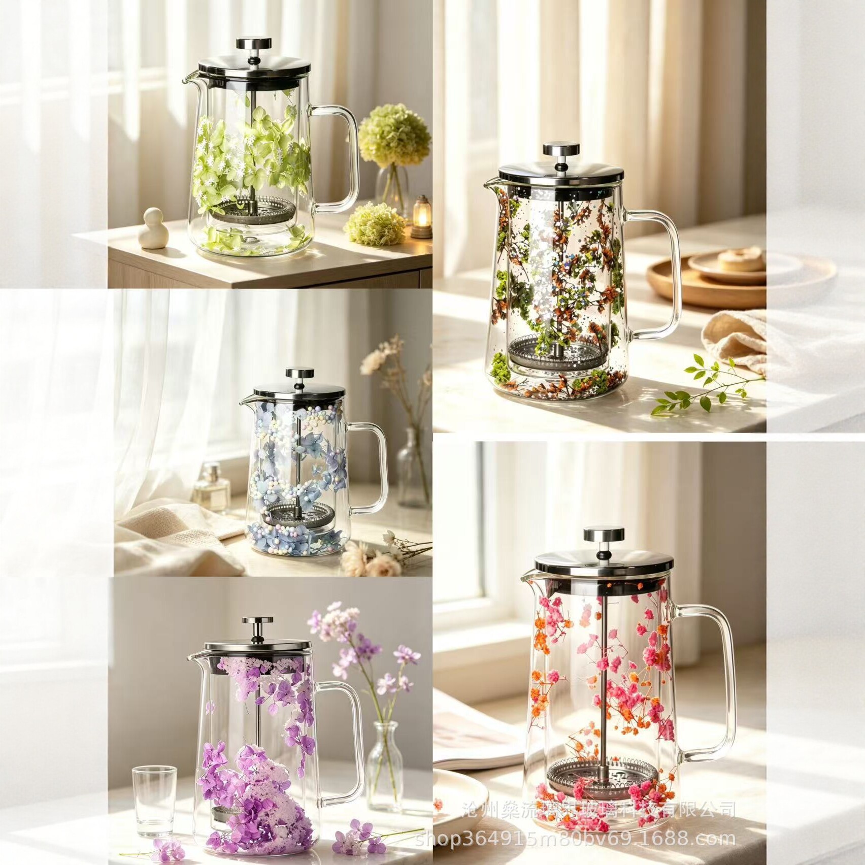 High borosilicate glass French press with dry flower decoration, home-use coffee pot, filter press, tea maker, double-layer heat-resistant with filter