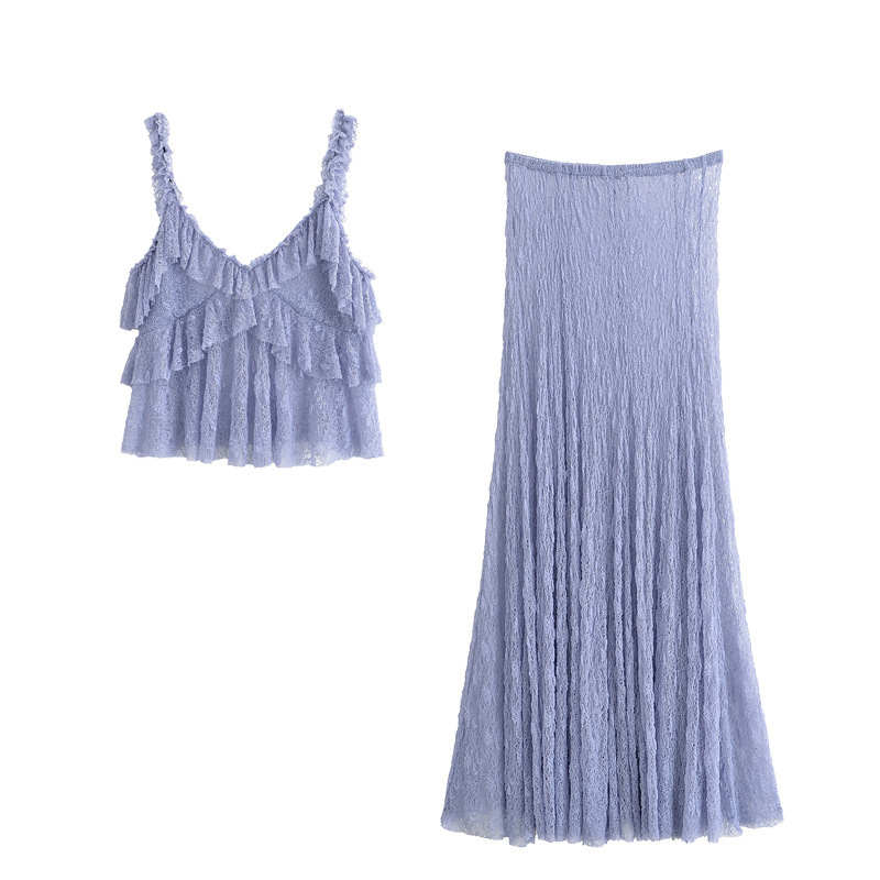 Za Cross-Border Export 2025 European and American Clothing Summer V Neck Layered Translucent Suspender Top Skirt Suit for Women