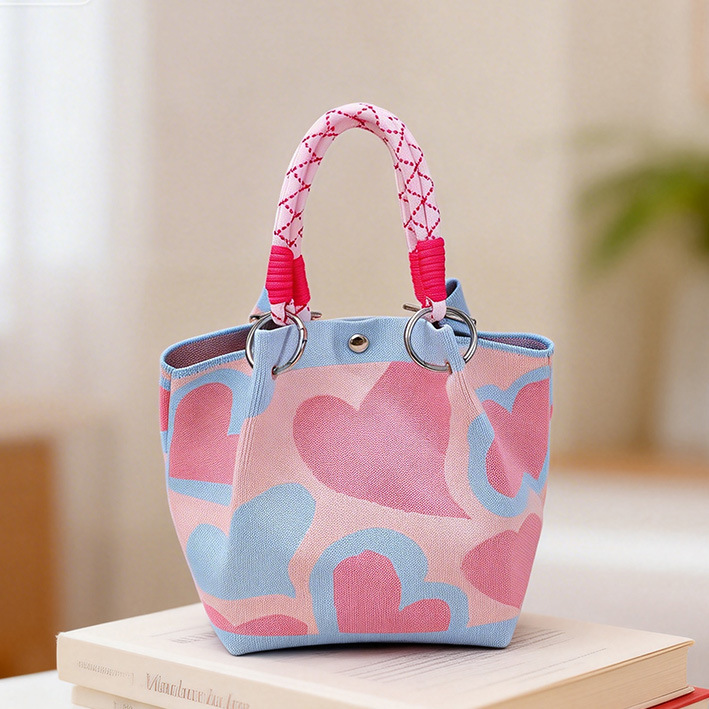 Floral Knit Ring Handle Structured Bucket Tote Bag 7