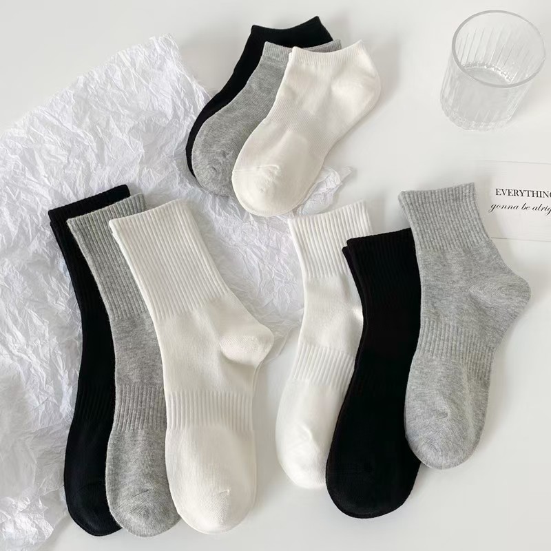 Men's and women's classic black and white gray stockings solid color waist non-slip mid-tube sports socks all-match casual breathable cotton