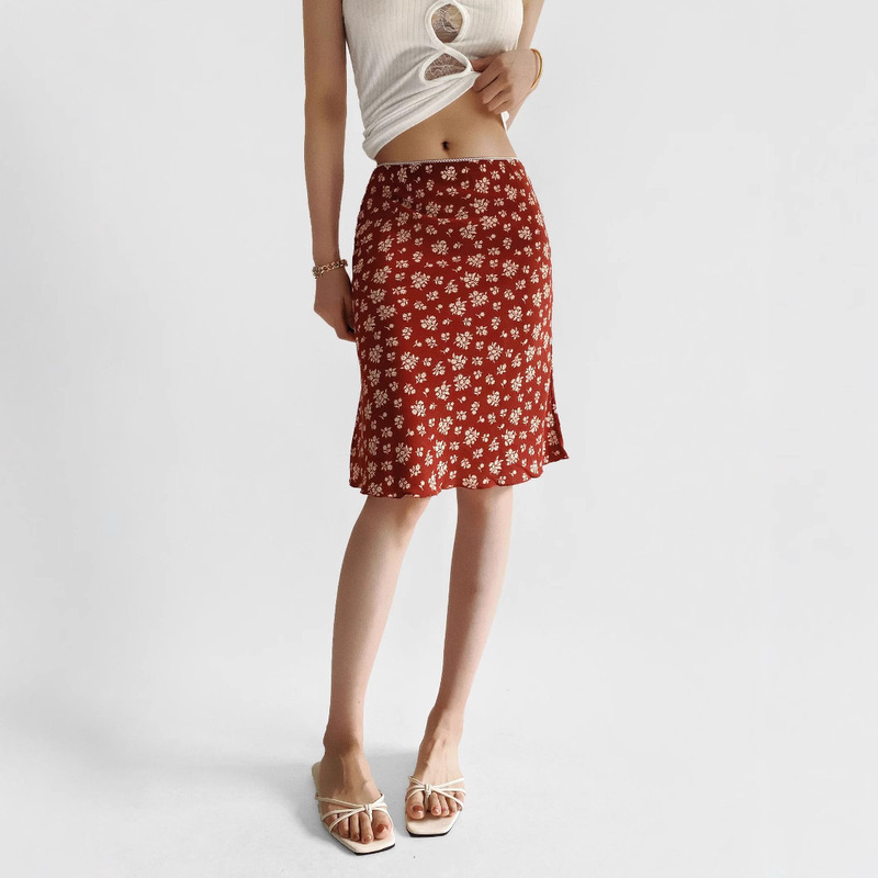 Retro Korean-style hip mid-length skirt waist hip plaid overskirt new skirt floral skirt summer women