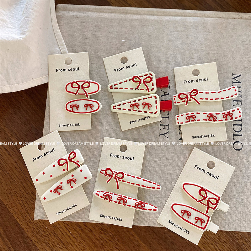 Korean Ins New Red Bow Off-White Geometric Hairpin Sweet and Cute Bangs Clip Side Clip Hair Accessories for Women