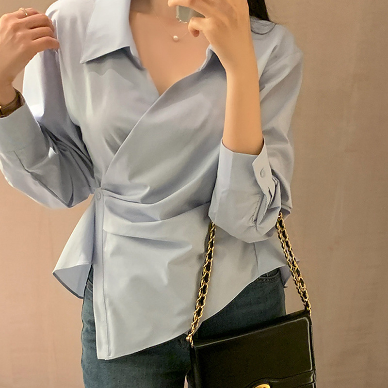 Korean Style Irregular Chic Shirt Top 2026 Spring and Autumn Cross-Button Pure Desire Sexy Slim-Fit Shirt for Women