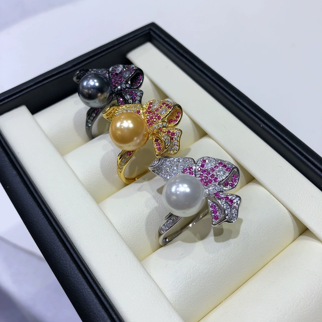 Beads from pearl, accessories, ring with bow, S925, 925 sample silver