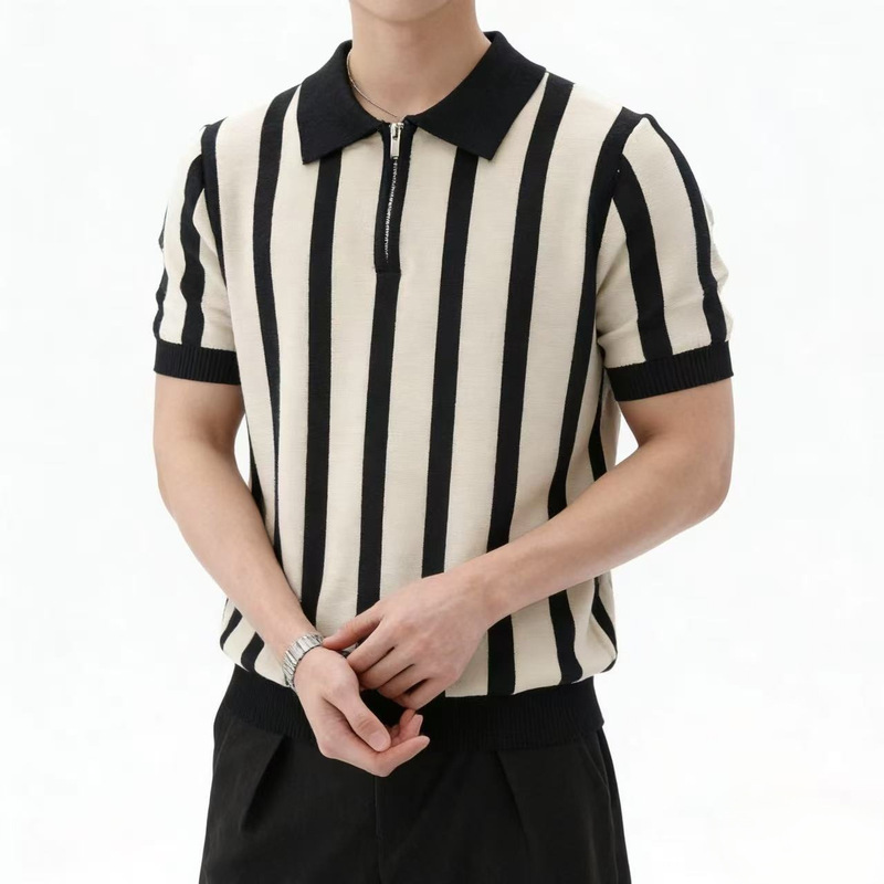 Summer New Style Knitted Sweater for Men, Short-Sleeved, Striped, Lapel, Half-Zip, Korean Style, Slim Fit, Fashionable, Versatile Pullover Summer New Style Knitted Sweater for Men, Short-Sleeved, Striped, Lapel, Half-Zip, Korean Style, Slim Fit, Fashionable, Versatile Pullover