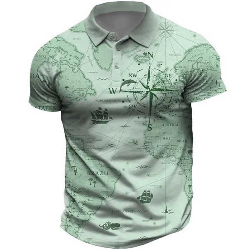 Cross Border plus size Men's Polo Shirt Golf Shirt Map Pattern Print Retro Sports Fashion Street Wear