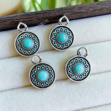 批发通体S925银做旧藏银款镶嵌绿松石吊坠银饰旋转挂件项链配饰