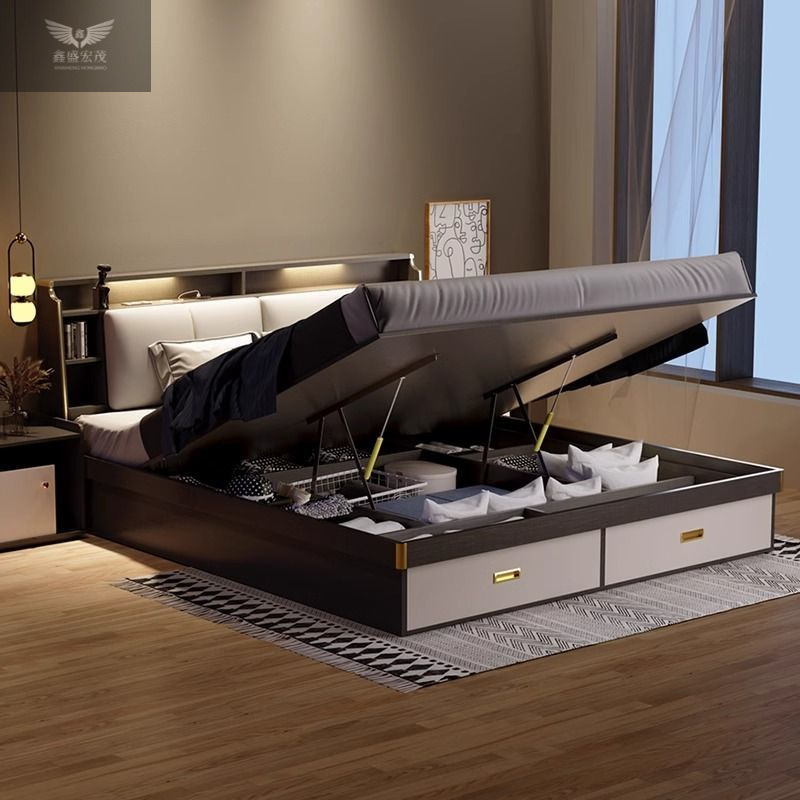 Dormitorio principal, cama de matrimonio, cama de almacenamiento neumático, cama de almacenamiento de caja alta moderna y simple, cama doble
