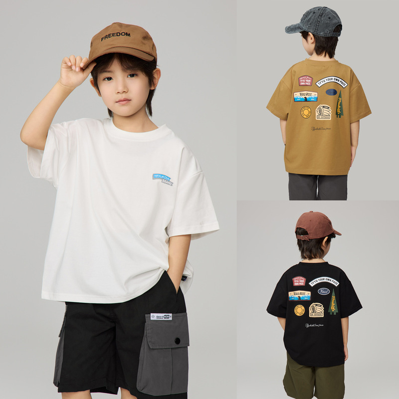 2026 Summer New Style Kidsren's American Retro Badge Printed Short-Sleeved Men's Casual Round-Neck Cotton T-Shirt Trendy