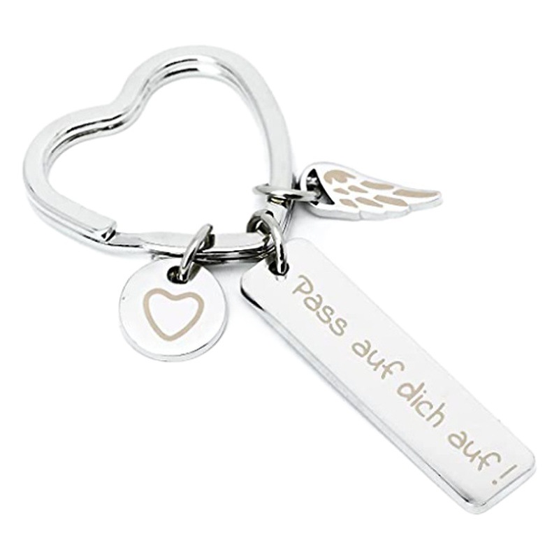 Pasar auf dich auf amor corazón acero inoxidable llavero rosa oro acero color alemán llave de acero inoxidable
