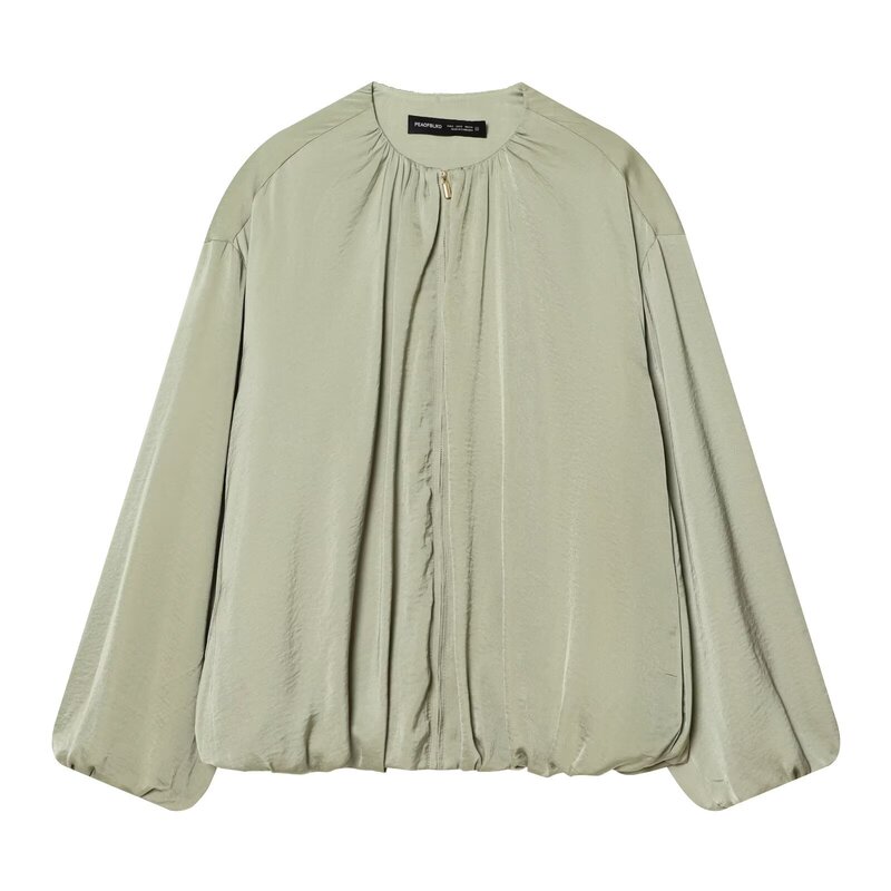 Round-Neck Pleated Bomber Jacket with Drapey Satin and Loose Lantern Sleeves Design 8372102