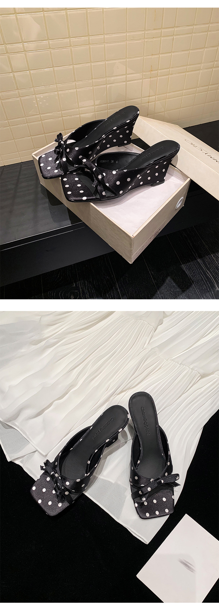 Sandal cao gót nữ hở mũi mũi vuông phong cách Pháp, quai ngang nơ bướm, đế xuồng chấm bi — màu đen, màu trắng chi tiết 12