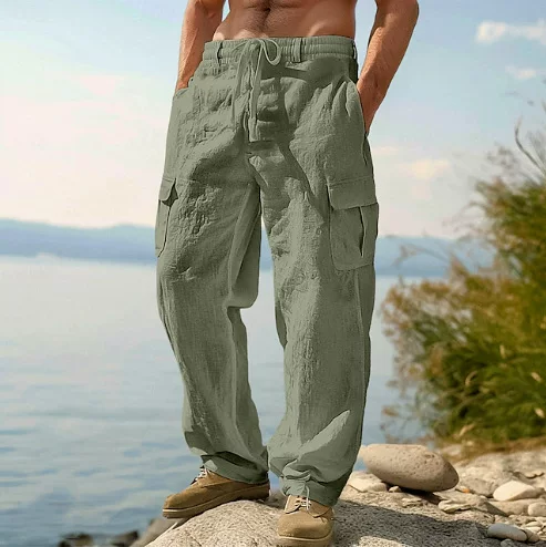 Amazon New Men's Cotton and Linen Four Seasons Thin Breathable Workwear Multi-Pocket Loose Casual Trendy Wide Leg Pants