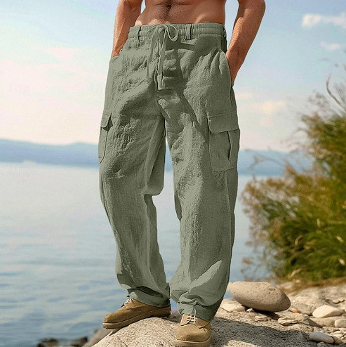 Amazon New Men's Cotton and Linen Four Seasons Thin Breathable Workwear Multi-Pocket Loose Casual Trendy Wide Leg Pants