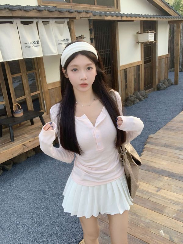 韩系辣妹风粉色半开领长袖t恤女装秋季小众修身内搭正肩打底上衣|undefined