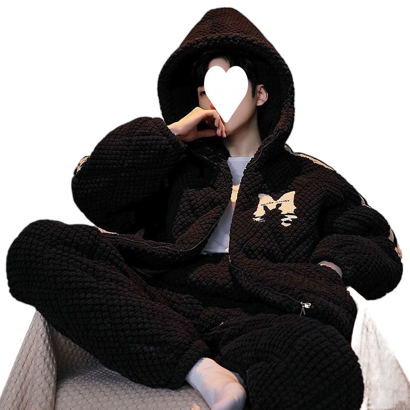 산호 벨벳 남성 잠옷 겨울 플러스 벨벳 두꺼운 3 레이어 퀼트 재킷 후드 지퍼 플란넬 홈웨어 세트