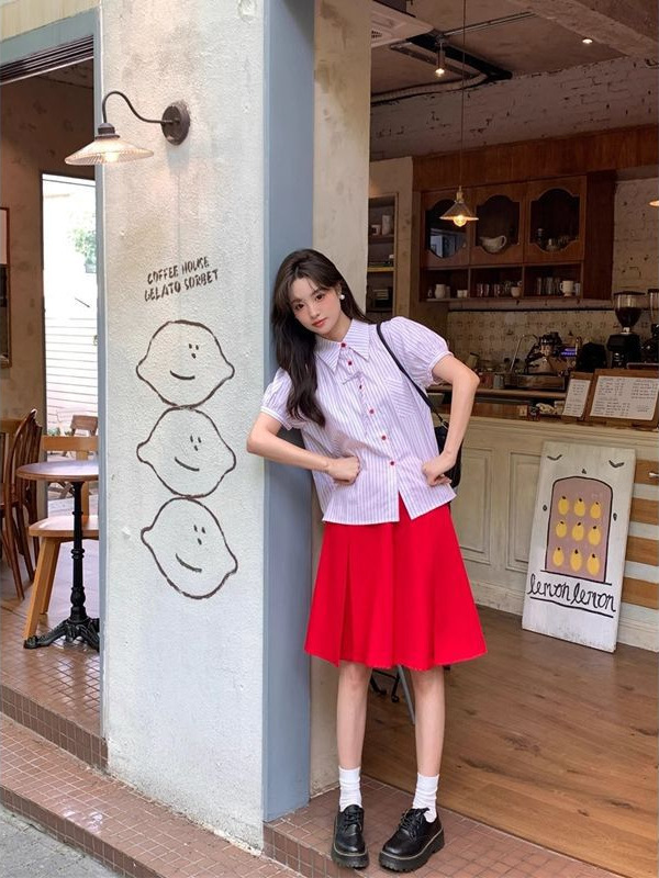 韩系学院风套装条纹短袖衬衫上衣女夏季高腰红色半身裙短裙两件套|undefined