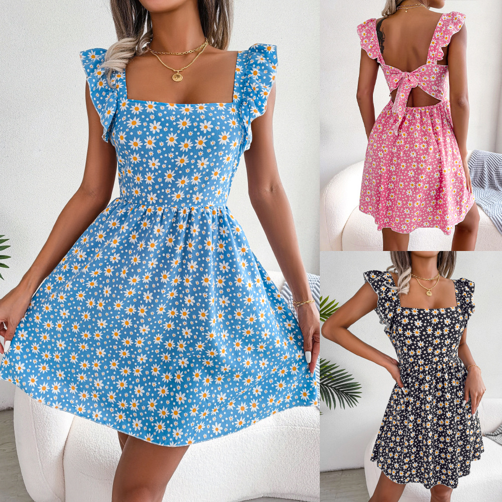 Casual Flower Square Neck Short Sleeve Backless Polyester Chiffon Above Knee A-line Skirt display picture 1