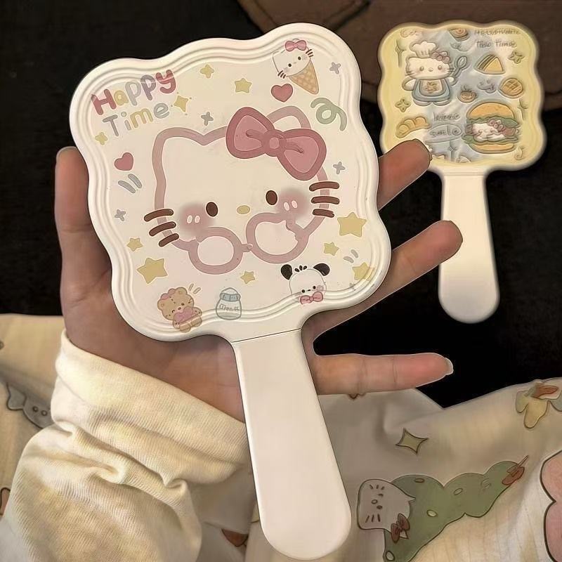 ins可爱卡通KT猫手持化妆镜子带梳子高颜值手柄镜高清便携随身镜|undefined