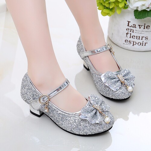 New Women's Children's High Heels Princess Shoes for Children Students Performance Silver Pink Spring Girls Comfortable Small Leather Shoes