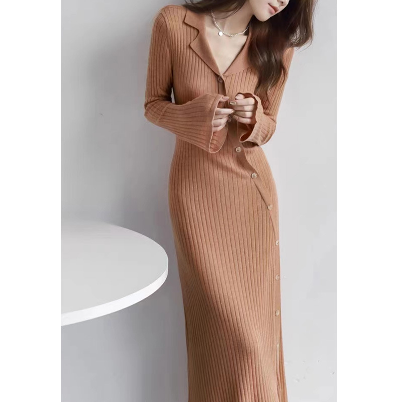 丝光羊毛针织裙喇叭袖气质女春秋修身显瘦小翻领针织连衣裙中长款