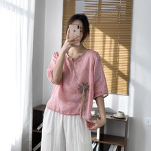 2025春夏新款撞色圆领斜襟盘扣套头五分袖T恤文艺刺绣苎麻T恤衫女
